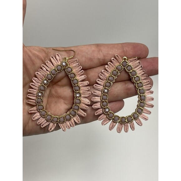 Natasha Beaded Raffia Large Teardrop Statement Earrings In Dusty Rose New - Picture 5 of 7